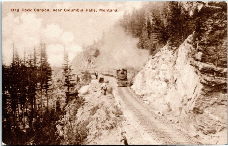 Train in Bad Rock Canyon near Columbia Falls, Montana Albertype postcard