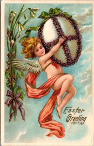 Easter Postcard Cherub Angel Flying Flower Decorated Egg Through the Sky