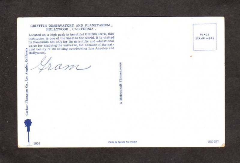 CA Griffith Observatory Planetarium Hollywood California Postcard US