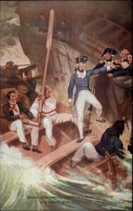 British Navy Lord Horatio Nelson BOARDING SHIP in STORM c1910 Postcard