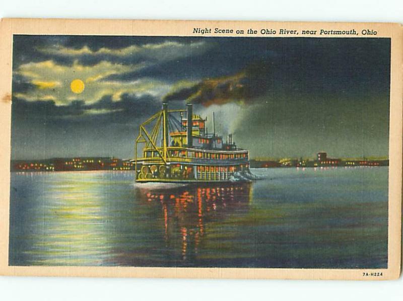 Vintage Post Card Night Scene Steamboat Paddle Ohio River Portsmouth OH # 4011