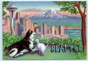 SEATTLE, WA ~ Mt. Rainier SPACE NEEDLE Dog/Cat ~ Susan Ford Art 4x6 Postcard