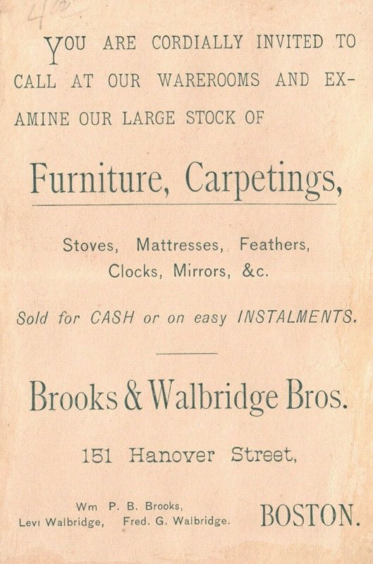 1880s-90s Brooks & Walbridge Bros. Furniture Carpetings Stoves Boston Dancer