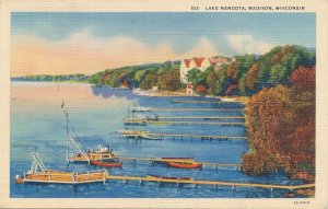 Boat Docks on Lake Mendota - Madison WI, Wisconsin - pm 1941 - Linen