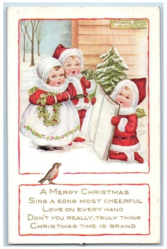 c1910's Christmas Children Caroling Song Bird Winter Berries Embossed Postcard 