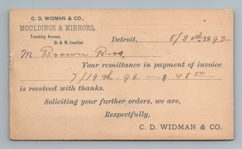 1892 C. D. Widman Co Mouldings Mirrors Detroit Brown Bros Charlotte Postcard