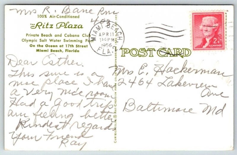 The Ritz Plaza Resort Hotel  Miami Beach  Florida  1956  Postcard