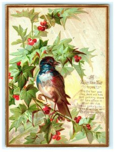 1880s Embossed Victorian New Year's Card Holly Blue Bird Poem #5C