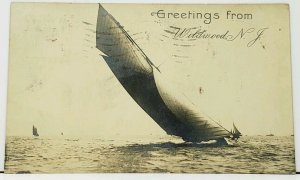Wildwood NJ RPPC Greetings Sailing Sailboats 1908 udb Real Photo Postcard I3
