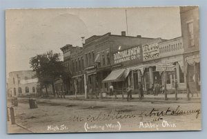 ASHLEY OH HIGH STREET ANTIQUE REAL PHOTO POSTCARD RPPC signs