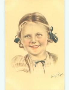 Unused 1946 foreign signed CUTE SMILING DUTCH GIRL WIT BOWL IN HAIR k6171