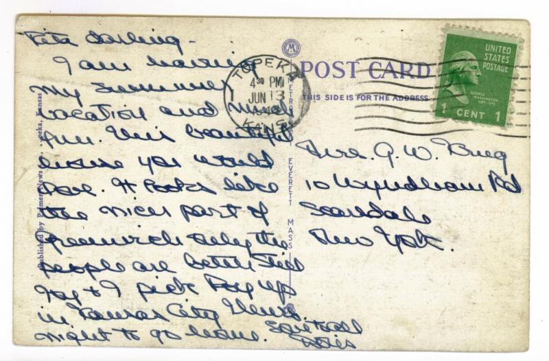 Topeka, Kansas to Scarsdale, New York 1944 used Postcard, SBA Hospital