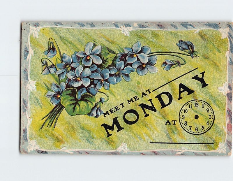 Postcard Meet Me At Monday At with Flowers Clock Embossed Art Print