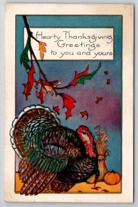 Hearty Thanksgiving Turkey Wheat Sheath Pumpkin Fall Leaves Postcard V29