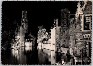 Bruges Illumination du Quai du Rosaire Belgium Real Photo RPPC Postcard