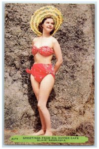 c1960 Greetings From Big Dipper Cafe Swimsuit Blair Nebraska NE Vintage Postcard