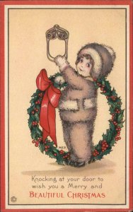 M.E.P. Christmas Stecher 738C Child at Door with Wreath c1920 Vintage Postcard