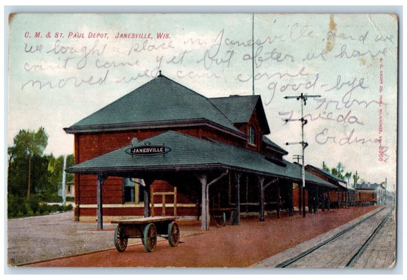 1908 CM & St Paul Depot Janesville Wisconsin WI Vintage Antique Posted Postcard