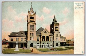Houston TX~City Hall~Market House~Statue~Clock Tower~c1910 Vintage TUCK Postcard