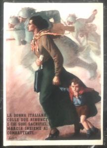 Mint Fascist Italy picture postcard Women & Child marches With Soldiers WW2