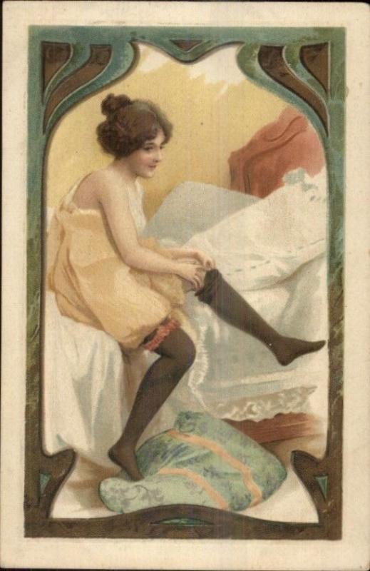 Sexy Woman Lingerie Undressing Stockings Art Nouveau Border Postcard #2 |  Topics - Risque - Women - Other, Postcard / HipPostcard