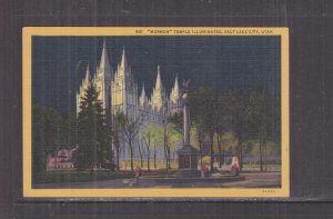 UTAH, SALT LAKE CITY, MORMON TEMPLE, ILLUMINATED, c1950 ppc., unused.