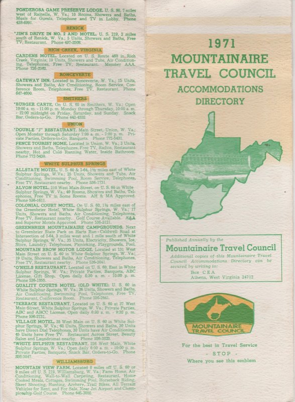 1971 Southern WV Brochure, Mountainaire Travel Council Accomodations Directory