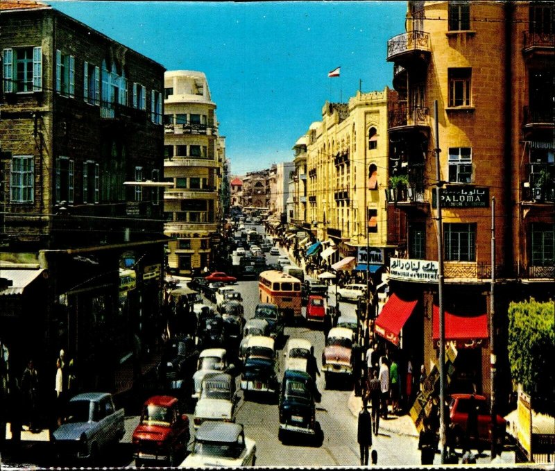 CI01325 lebanon beirut weygand street old cars buses shops advertising