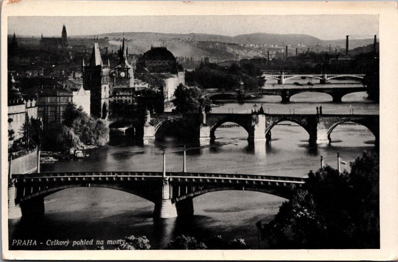 Czech Republic Prague View On The Bridges Vintage Postcard C017