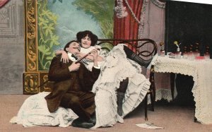 Vintage Postcard Lovers Couple Music Play Cuddles Wedding Sweet Romance