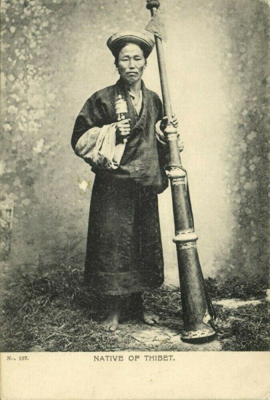 tibet thibet, Native Man with Praying Wheel and Tibetan Horn (1899) Postcard