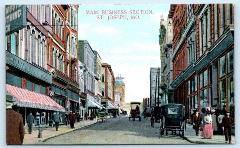 ST. JOSEPH, Missouri MO ~ Street Scene MAIN BUSINESS SECTION 1910s  Postcard