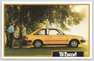 Transportation~Yellow 1981 Ford Escort Nr Tree Line~Couple Smiling~Vtg Postcard