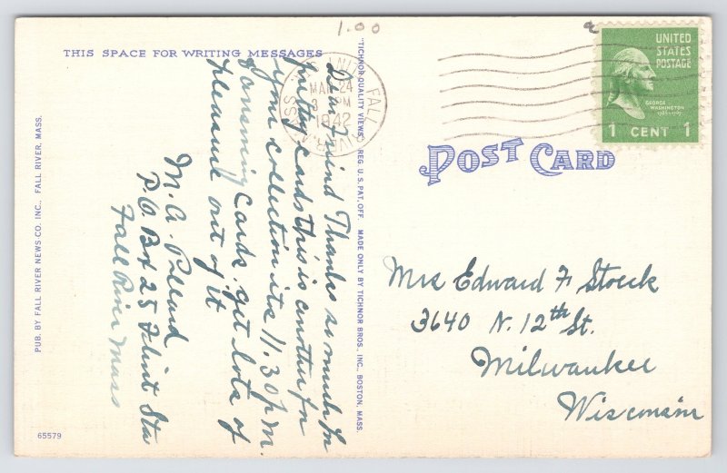 Linen~Air View Post Office @ Fall River Massachusetts~Vintage Postcard