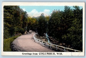 Columbus Wisconsin Postcard Greetings Road Trees Exterior c1920 Vintage Antique