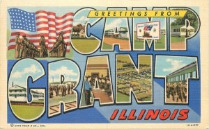Illinois Camp Grant large letters flag military1940s Teich Postcard 22-8384
