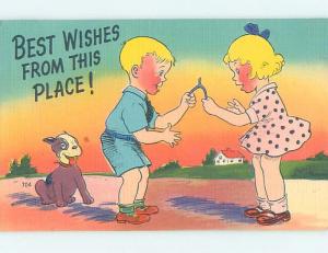 Linen comic DOG WATCHES GIRL AND BOY BREAKING A WISHBONE HL3383