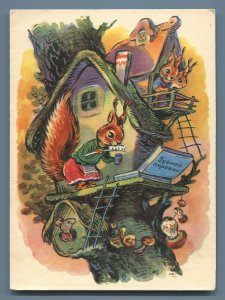 1960 SQUIRRELS on Tree brush teeth House Fantasy by Zotov Soviet USSR Postcard