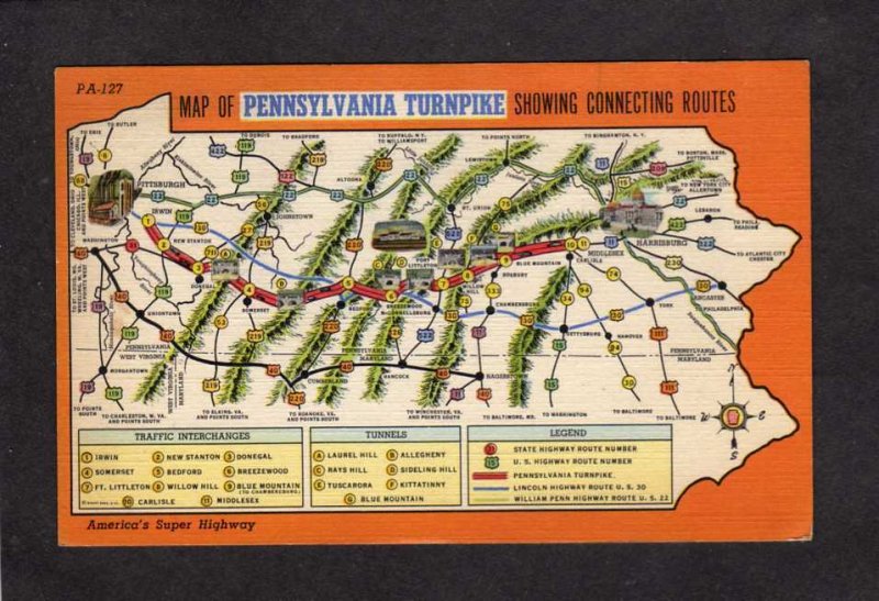 PA Map of Pennsylvania Turnpike Harrisburg New Stanton Willow Hill Postcard