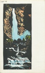 An Original handmade wood block print Bridal Veil Falls Yosemite art post card 