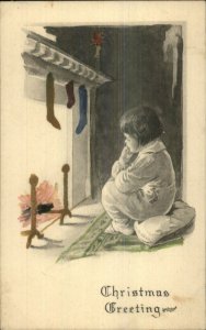Christmas - Child Waits by Fireplace c1910 Hand Colored Postcard