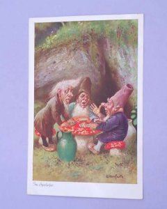 Fantasy Gnomes Dwarves Playing Cards Toadstool Mushroom Signed Vintage Postcard