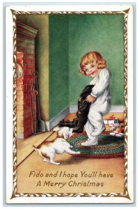 c1910's Christmas Little Boy And Fido Dog Playing Gifts Embossed Posted Postcard