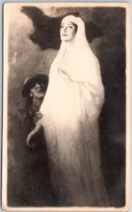 Woman Dressed in White Looking In Sky Soldier Looking Woman Angel Vintage Card