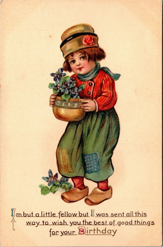 Postcard Raphael Tuck Happy Birthday Dutch Boy Holding Flowers No.824 C.1910 A16