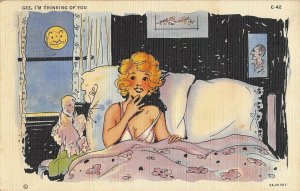 Sexy girl in bed moon spying CT everyday comics c1930s postcard aj2 226