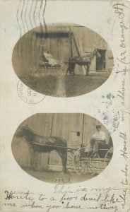 1905 Woman Man horse driven carriages frame like  RPPC Photo Postcard 22-11281