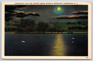 Vintage Postcard Canandaigua Lake & Historic Squaw Island by Moonlight New York