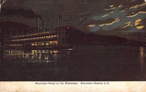 c .'08, Steamer,J.S.,Moonlight On The Mississippi River, Message, Old Postcard