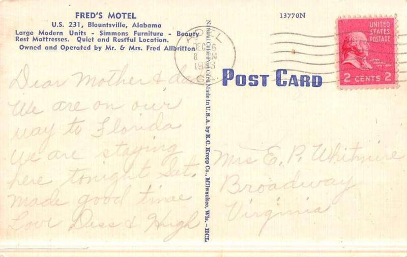 Blountsville Alabama Freds Motel Street View Antique Postcard K46669